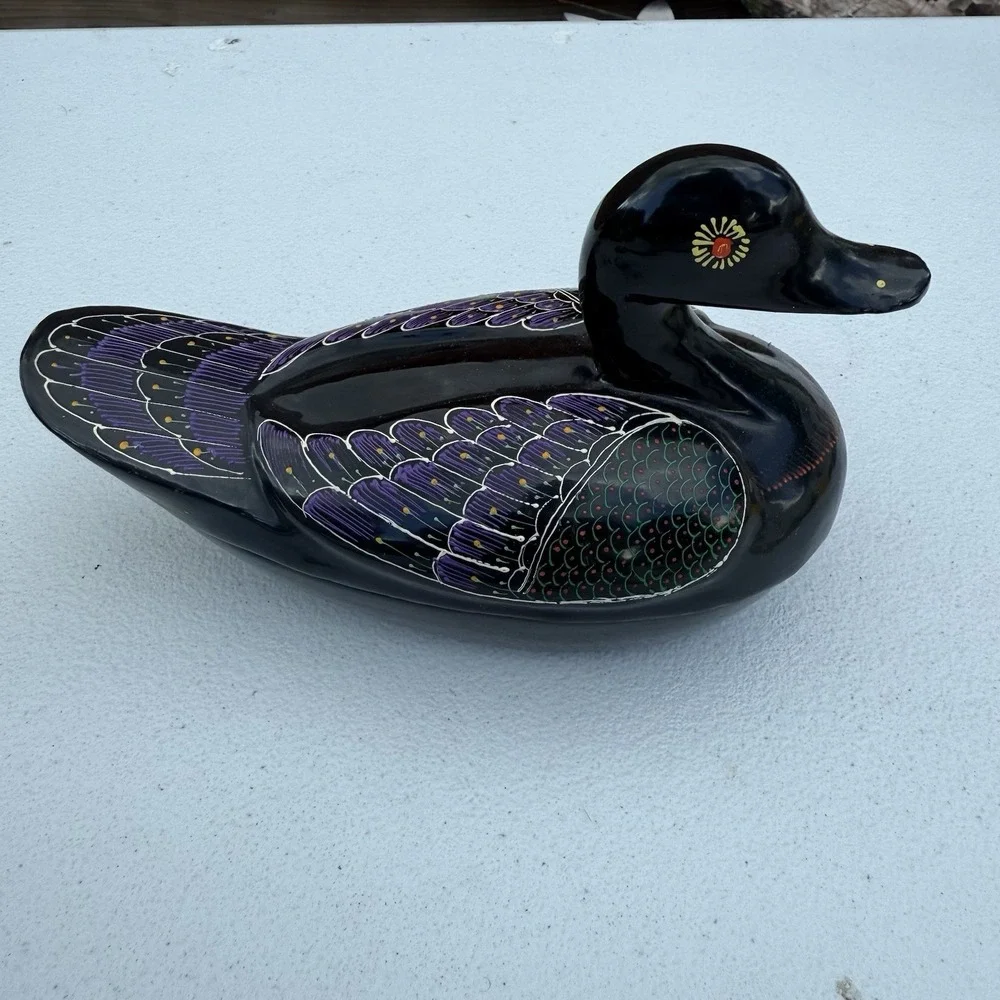 Black Lacquer Hand Painted Wood DUCK Trinket Jewelry Box Thailand  7 Inches‎